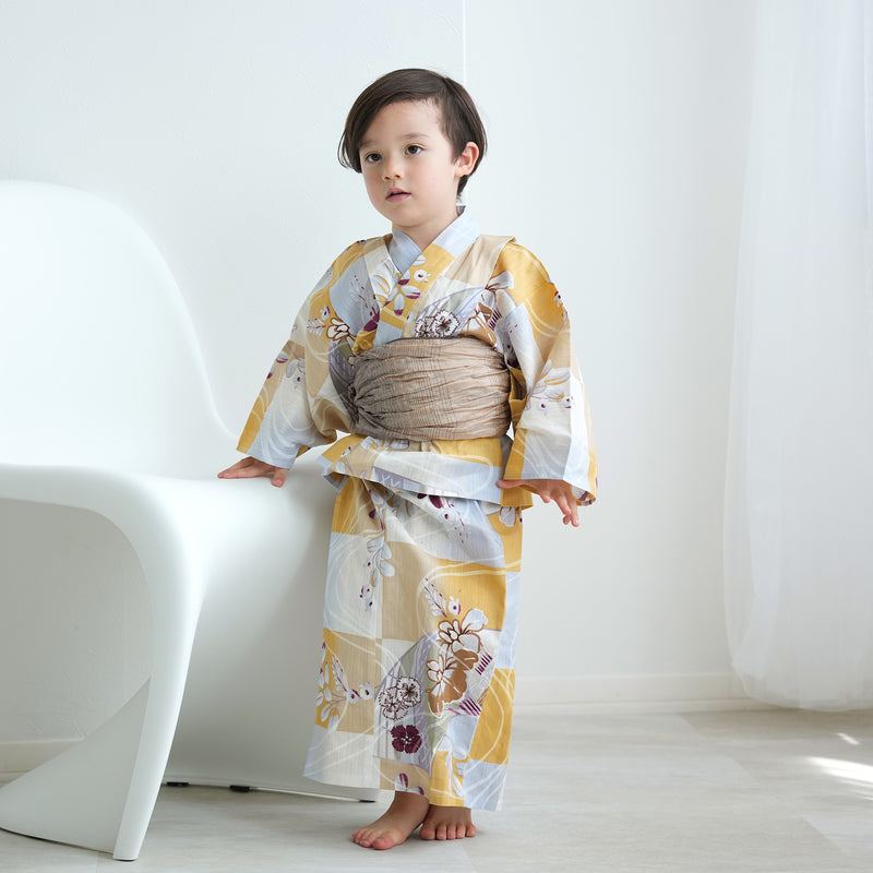 【アウトレット品 kids 高級変わり織 子供浴衣2点セット（ゆかた・帯）男の子 からしの市松と菖蒲】 気になる人は気になる？少々難あり※返品交換不可 （6561278501）