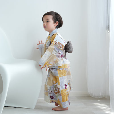 【アウトレット品 kids 高級変わり織 子供浴衣2点セット（ゆかた・帯）男の子 からしの市松と菖蒲】 気になる人は気になる？少々難あり※返品交換不可 （6561278501）