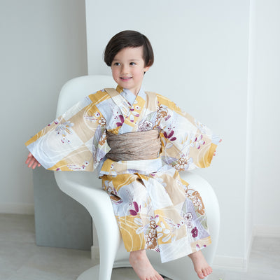 【アウトレット品 kids 高級変わり織 子供浴衣2点セット（ゆかた・帯）男の子 からしの市松と菖蒲】 気になる人は気になる？少々難あり※返品交換不可 （6561278501）