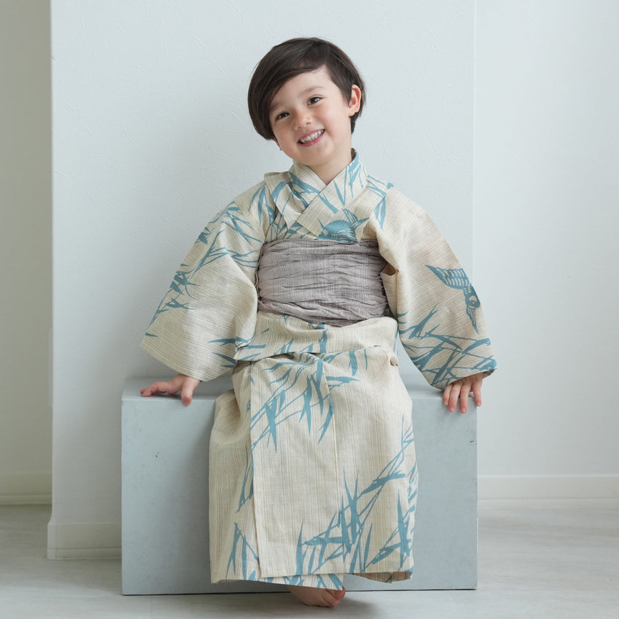 ニコアンティーク　utatane キッズ浴衣 utatane｜ニコアンティーク 子供浴衣3点セット 黄色と墨色の立沸