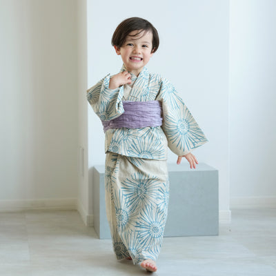 【utatane×注染工房 kids 日本製小幅生地使用 子供浴衣3点セット（ゆかた・帯・下駄） 男の子  先染めベージュにはじけるミント】 国産 （6562190801）