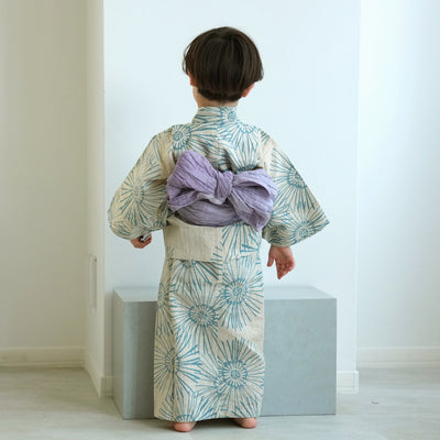 【utatane×注染工房 kids 日本製小幅生地使用 子供浴衣3点セット（ゆかた・帯・下駄） 男の子  先染めベージュにはじけるミント】 国産 （6562190801）