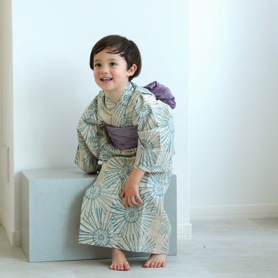 【utatane×注染工房 kids 日本製小幅生地使用 子供浴衣3点セット（ゆかた・帯・下駄） 男の子  先染めベージュにはじけるミント】 国産 （6562190801）