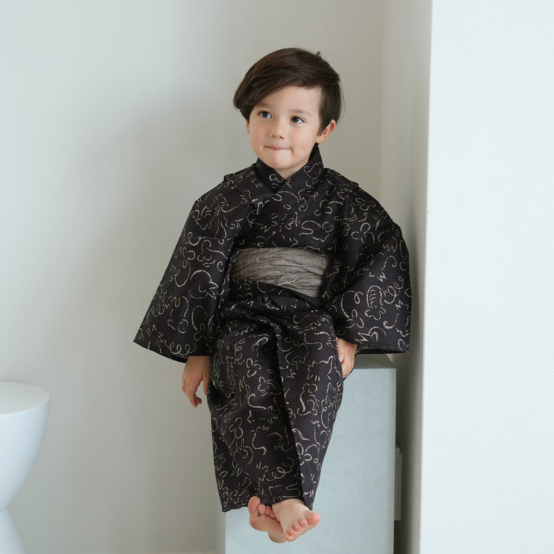 【ニコアンティーク kids 高級変わり織 子供浴衣3点セット（ゆかた・帯・下駄）男の子 墨黒に干支】 キッズ浴衣 国産生地 国内染色 （6562270701）