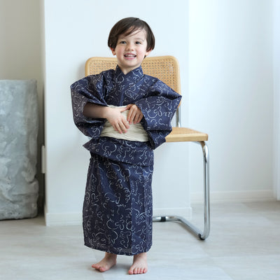 【ニコアンティーク kids 高級変わり織 子供浴衣3点セット（ゆかた・帯・下駄）男の子 紺地に干支】 キッズ浴衣 国産生地 国内染色 （6562271101）