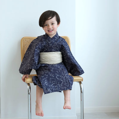 【ニコアンティーク kids 高級変わり織 子供浴衣3点セット（ゆかた・帯・下駄）男の子 紺地に干支】 キッズ浴衣 国産生地 国内染色 （6562271101）