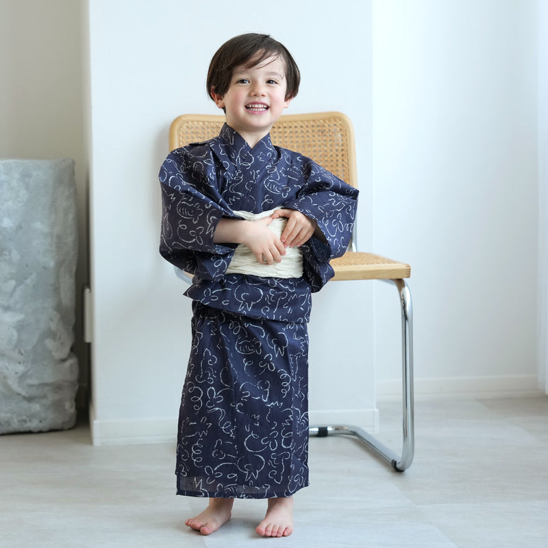 【ニコアンティーク kids 高級変わり織 子供浴衣3点セット（ゆかた・帯・下駄）男の子 紺地に干支】 キッズ浴衣 国産生地 国内染色 （6562271101）