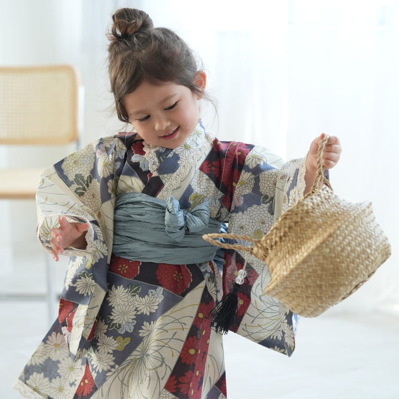【ひよこ商店  高級変わり織 子供浴衣0ドレス2点セット マーガレットブルー裂取文】レース付き 浴衣ワンピース/兵児帯 女の子 120cm（6600215501）