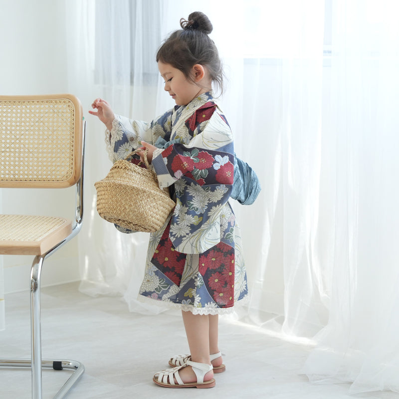 【ひよこ商店  高級変わり織 子供浴衣0ドレス2点セット マーガレットブルー裂取文】レース付き 浴衣ワンピース/兵児帯 女の子 120cm（6600215501）