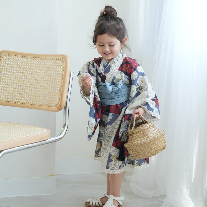 【ひよこ商店  高級変わり織 子供浴衣0ドレス2点セット マーガレットブルー裂取文】レース付き 浴衣ワンピース/兵児帯 女の子 120cm（6600215501）