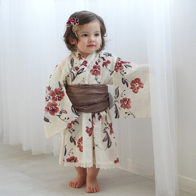 【ひよこ商店  高級変わり織 子供浴衣ドレス2点セット バニラクリームに色づく花】レース付き 浴衣ワンピース/兵児帯 女の子 120-130cm（6600240301）