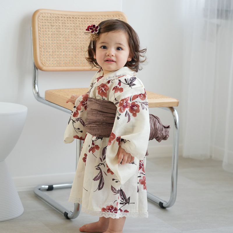 【ひよこ商店  高級変わり織 子供浴衣ドレス2点セット バニラクリームに色づく花】レース付き 浴衣ワンピース/兵児帯 女の子 120-130cm（6600240301）