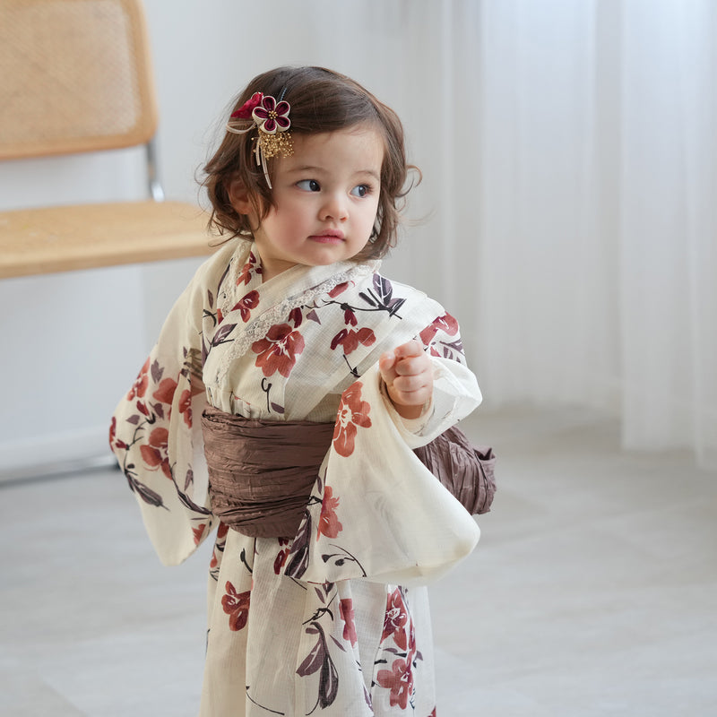 【ひよこ商店  高級変わり織 子供浴衣ドレス2点セット バニラクリームに色づく花】レース付き 浴衣ワンピース/兵児帯 女の子 120-130cm（6600240301）