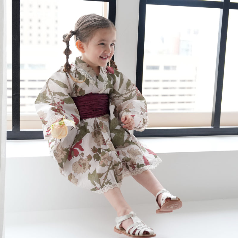 【ひよこ商店  高級変わり織 子供浴衣ドレス2点セット クリームに揺れるえんじの花】レース付き 浴衣ワンピース/兵児帯 女の子 120cm（6600240701）