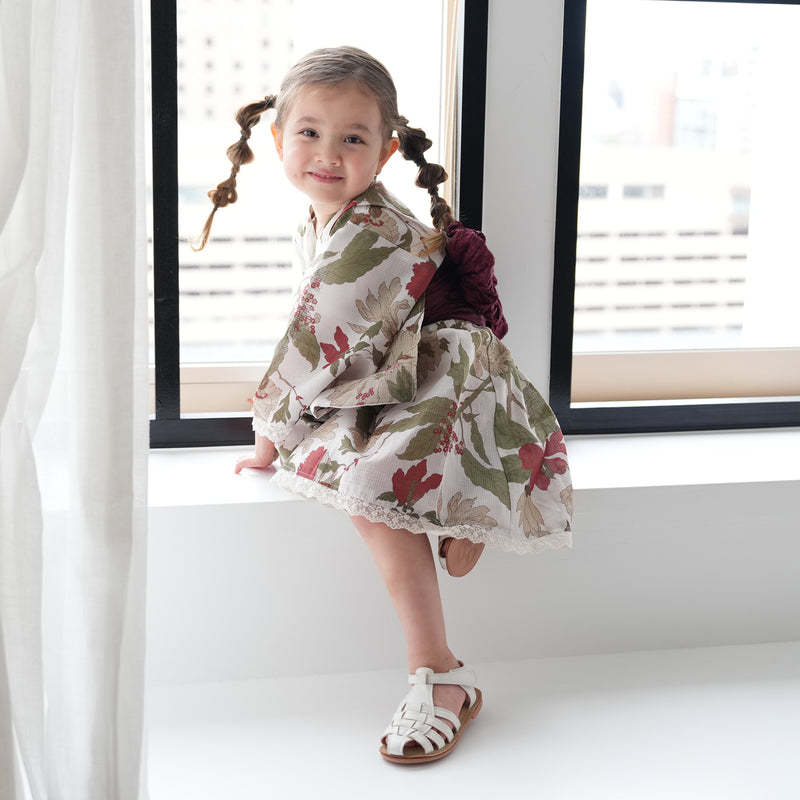 【ひよこ商店  高級変わり織 子供浴衣ドレス2点セット クリームに揺れるえんじの花】レース付き 浴衣ワンピース/兵児帯 女の子 120cm（6600240701）
