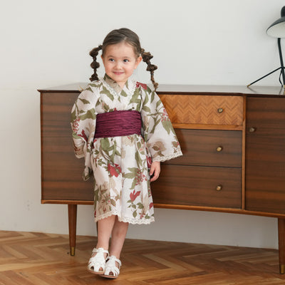 【ひよこ商店  高級変わり織 子供浴衣ドレス2点セット クリームに揺れるえんじの花】レース付き 浴衣ワンピース/兵児帯 女の子 120cm（6600240701）