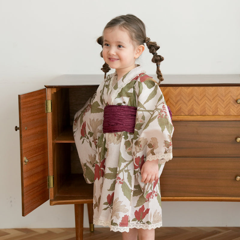 【ひよこ商店  高級変わり織 子供浴衣ドレス2点セット クリームに揺れるえんじの花】レース付き 浴衣ワンピース/兵児帯 女の子 120cm（6600240701）