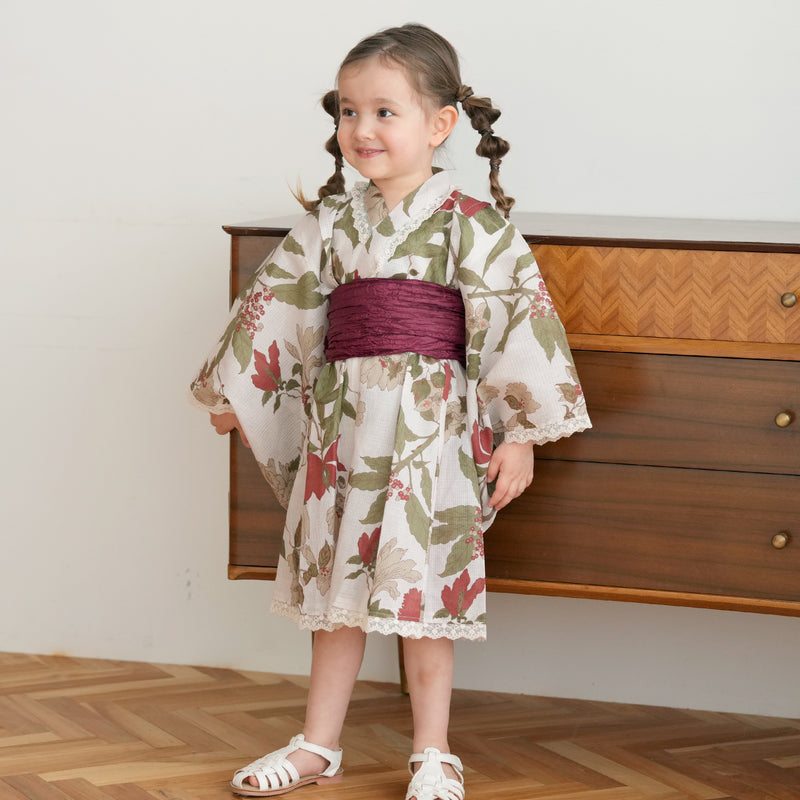 【ひよこ商店  高級変わり織 子供浴衣ドレス2点セット クリームに揺れるえんじの花】レース付き 浴衣ワンピース/兵児帯 女の子 120cm（6600240701）