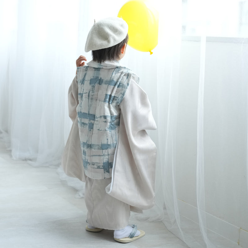 七五三 3歳 男の子 utatane 被布セット 子供 kids 三つ身 お祝い着 販売 ジャガードモアレ ブルーチェック×シャンパンベージュ（6716602400）