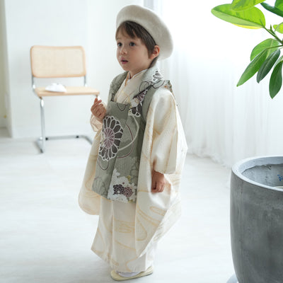 七五三 3歳 男の子 ひよこ商店 被布セット 子供 kids 三つ身 お祝い着 販売 翡翠の菊重ね×クリーム金彩（6716604400）
