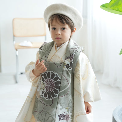 七五三 3歳 男の子 ひよこ商店 被布セット 子供 kids 三つ身 お祝い着 販売 翡翠の菊重ね×クリーム金彩（6716604400）