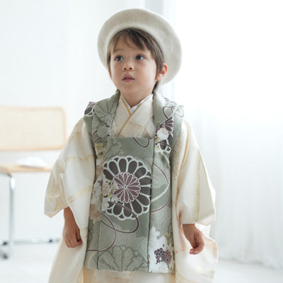 七五三 3歳 男の子 ひよこ商店 被布セット 子供 kids 三つ身 お祝い着 販売 翡翠の菊重ね×クリーム金彩（6716604400）