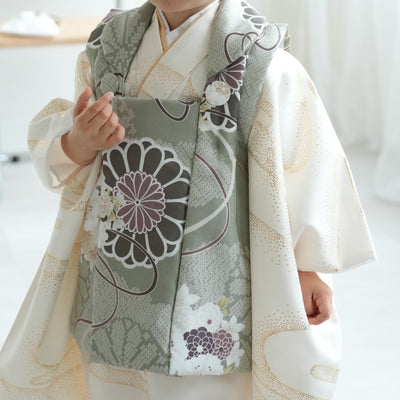 七五三 3歳 男の子 ひよこ商店 被布セット 子供 kids 三つ身 お祝い着 販売 翡翠の菊重ね×クリーム金彩（6716604400）