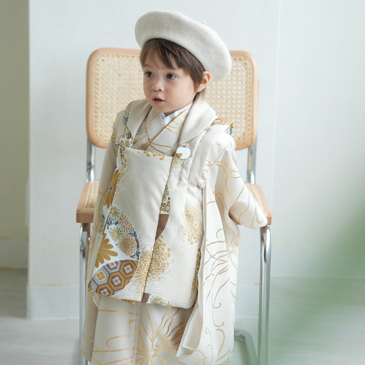 utatane　ひよこ商店　七五三　男の子　被布　白茶鳳凰×エクリュベージュ吉祥 レンタル】七五三着物 3歳男の子 被布セット 白茶鳳凰×エクリュ