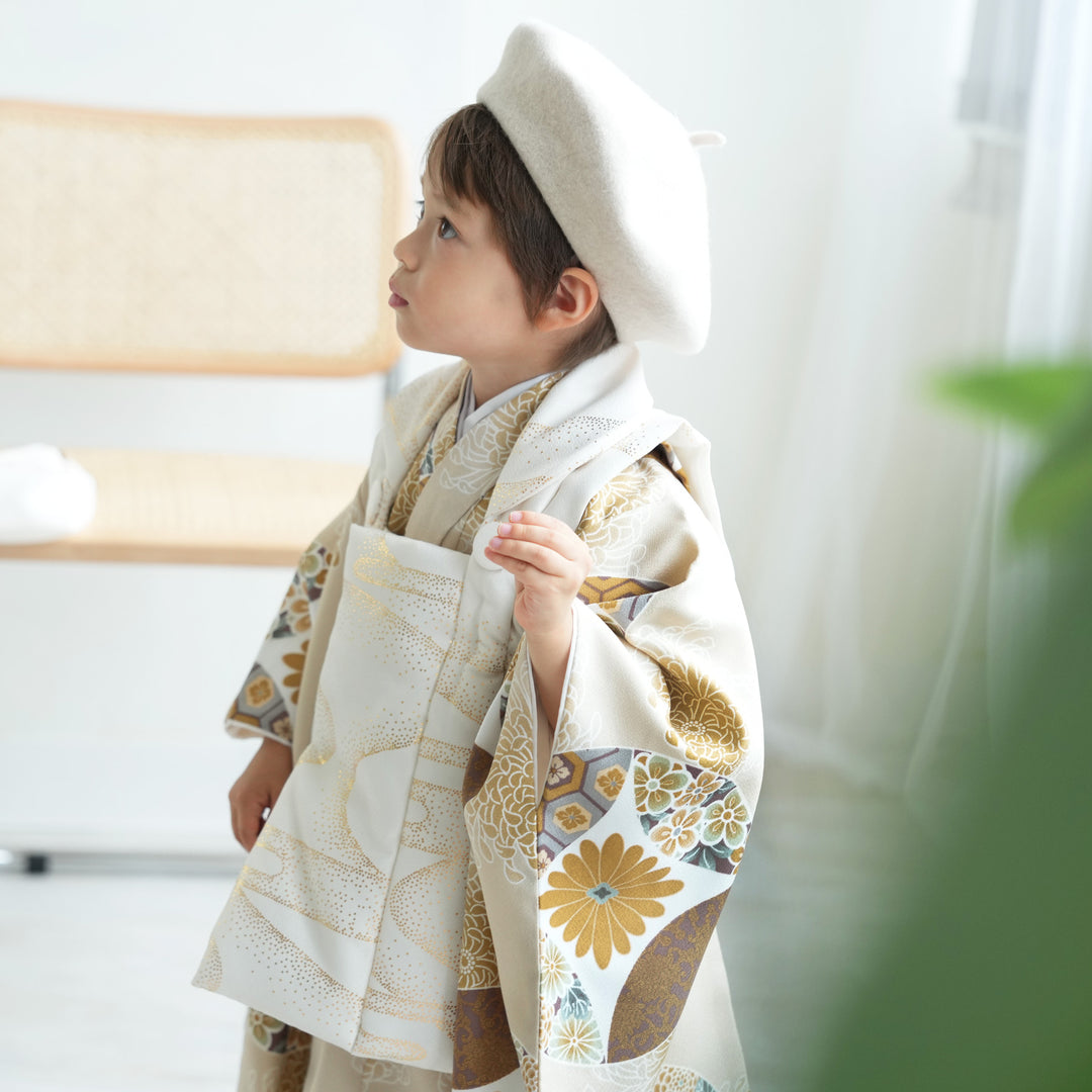 ひよこ商店　utatane七五三 3歳 被布セット クリーム金彩×エクリュ七宝 七五三 3歳 男の子 ひよこ商店 被布セット 子供 kids 三つ身 お祝い着