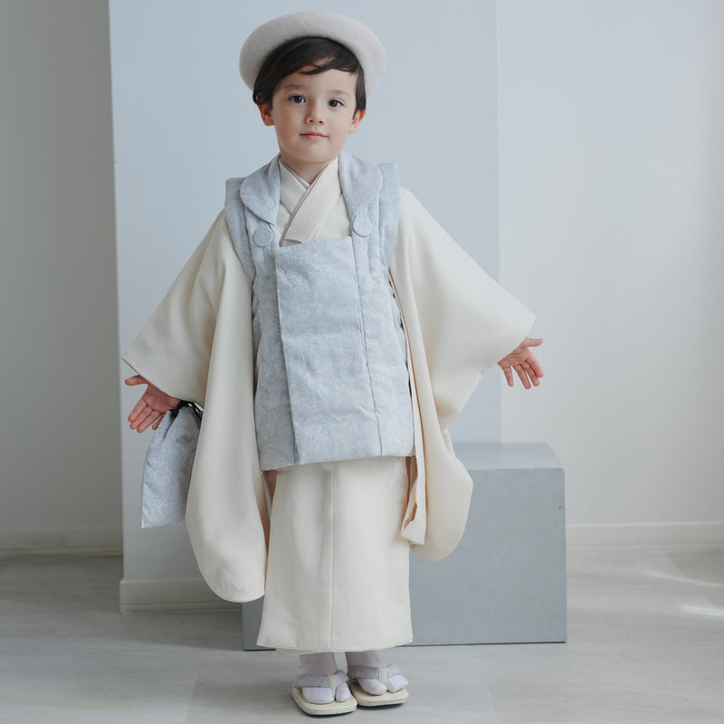 七五三 着物 3歳 男の子 被布セット ひよこ商店 ジャガード＆ナチュラルファブリック アイスグレー×クリーム（6716605300）