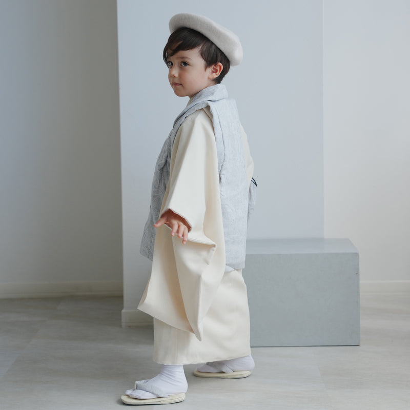 七五三 着物 3歳 男の子 被布セット ひよこ商店 ジャガード＆ナチュラルファブリック アイスグレー×クリーム（6716605300）