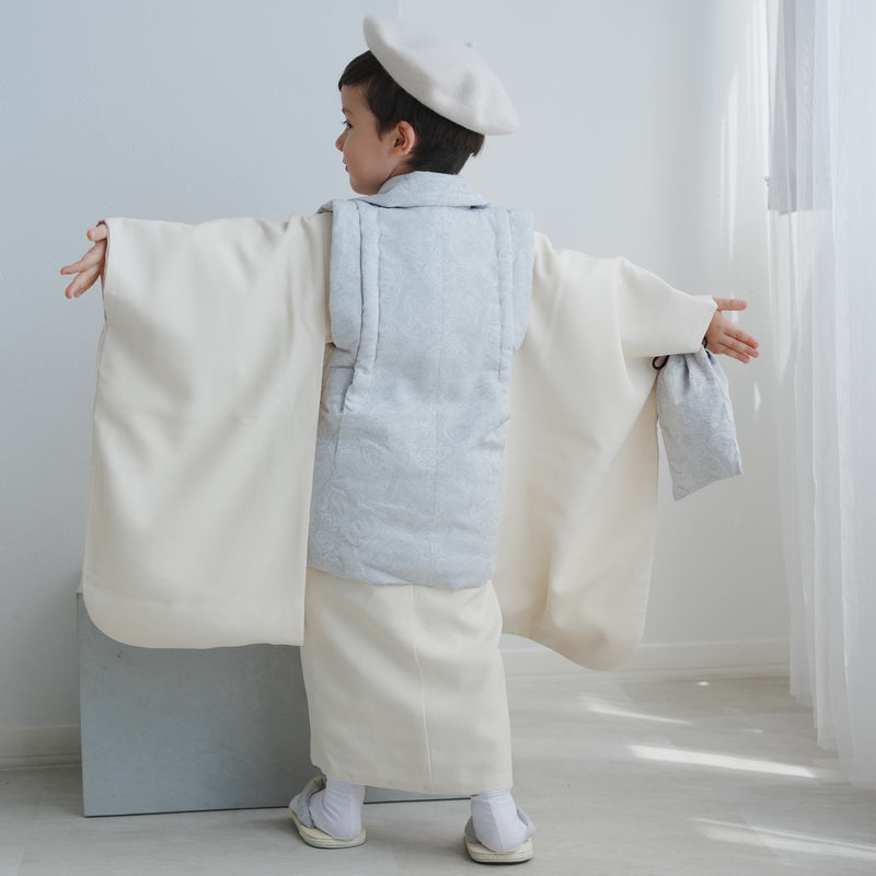 七五三 着物 3歳 男の子 被布セット ひよこ商店 ジャガード＆ナチュラルファブリック アイスグレー×クリーム（6716605300）