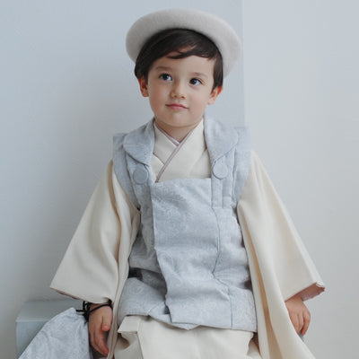 七五三 着物 3歳 男の子 被布セット ひよこ商店 ジャガード＆ナチュラルファブリック アイスグレー×クリーム（6716605300）