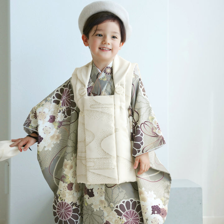 七五三着物 3歳 男の子 被布セット】販売品 クリーム金彩×翡翠の菊重ね