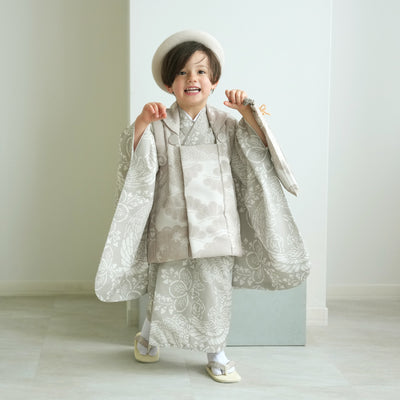 【七五三着物 3歳 男の子 被布セット】販売品 ベージュ松文様×灰緑鳳凰 ひよこ商店（6716607100）