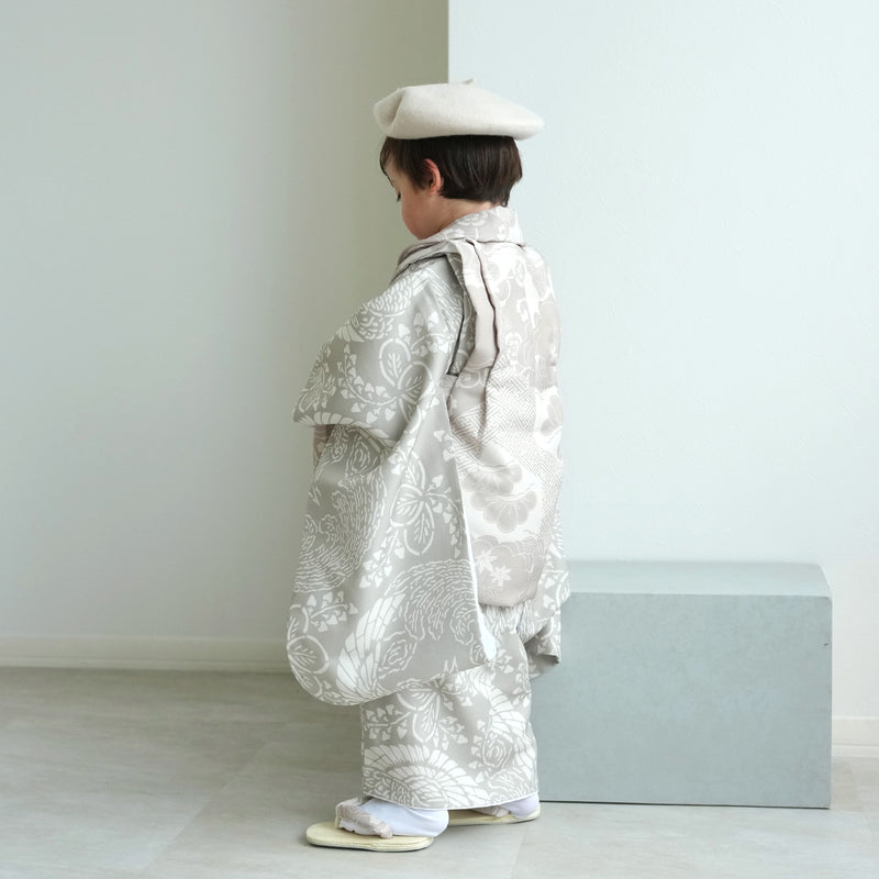 【七五三着物 3歳 男の子 被布セット】販売品 ベージュ松文様×灰緑鳳凰 ひよこ商店（6716607100）