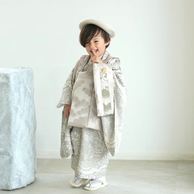 【七五三着物 3歳 男の子 被布セット】販売品 ベージュ松文様×灰緑鳳凰 ひよこ商店（6716607100）