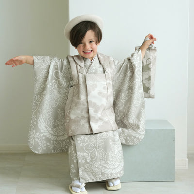 【七五三着物 3歳 男の子 被布セット】販売品 ベージュ松文様×灰緑鳳凰 ひよこ商店（6716607100）