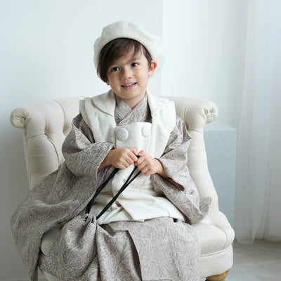 【七五三着物 3歳 男の子 被布セット】販売品 子供  三つ身 お祝い着  ジャガードペイズリー オフホワイト×ベージュ（6716607200）