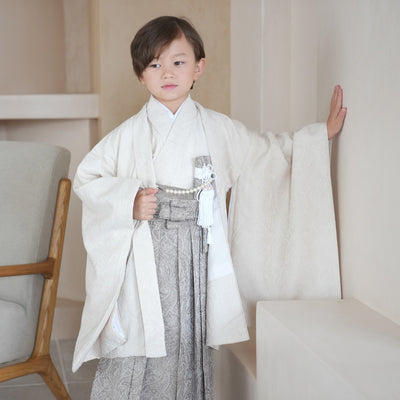 七五三 5歳用袴セット utatane ジャガードペイズリー オフホワイト×ベージュ お祝い着 五歳 五才 男の子（6720602000）