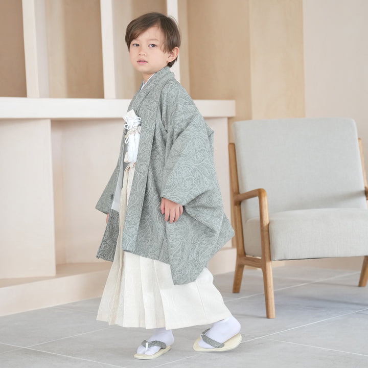 七五三 5歳用袴セット utatane ジャガードペイズリー くすみグリーン
