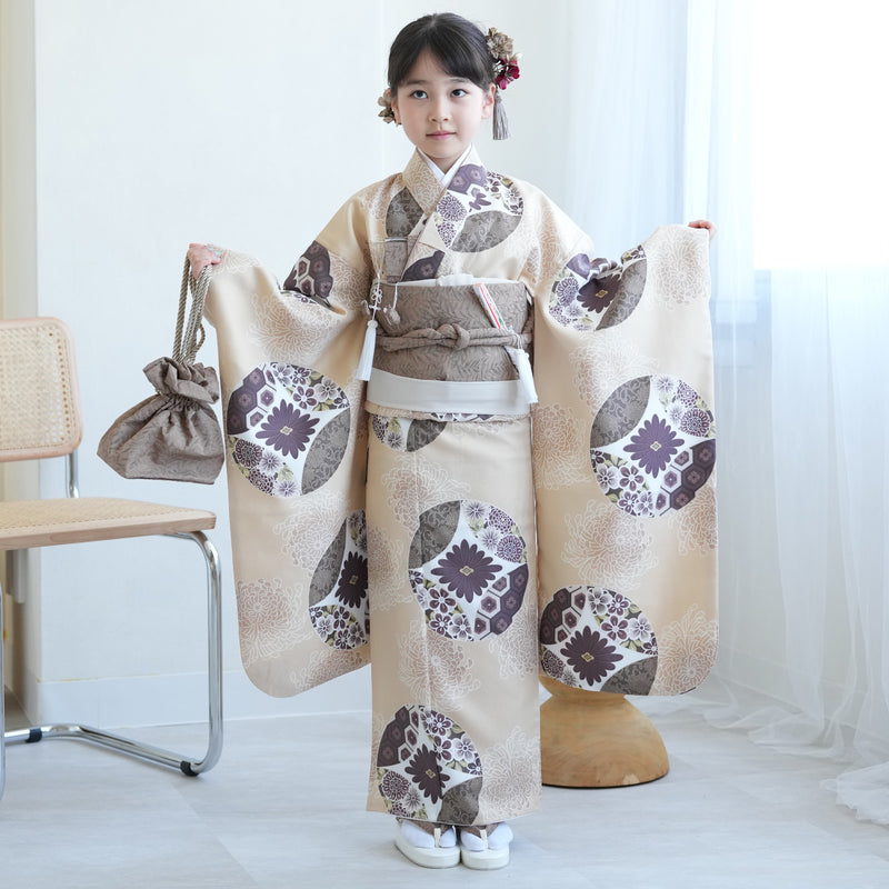 七五三 7歳 女の子 ひよこ商店 着物 日本製作り帯 子供 kids 四つ身 お祝い着 ベージュ七宝（6728608300）