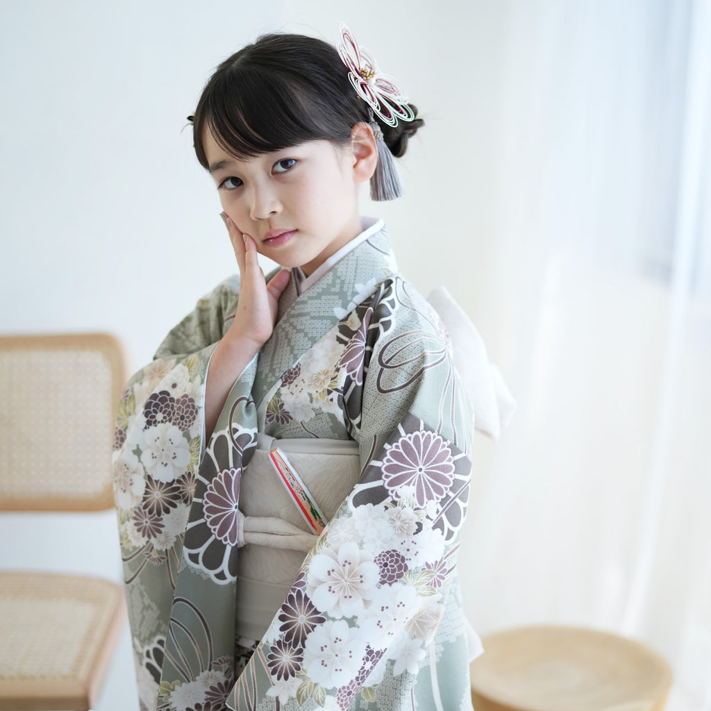 新品 七五三 七歳お祝い着 帯 向い鶴菱 むかいつるびし 菱形 正絹 日本製