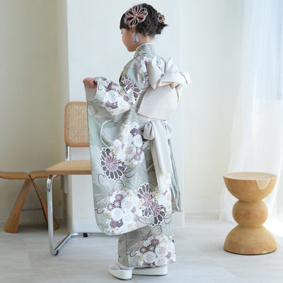 七五三 7歳 女の子 ひよこ商店 着物 日本製作り帯 子供 kids 四つ身 お祝い着 翡翠の菊重ね（6728608500）