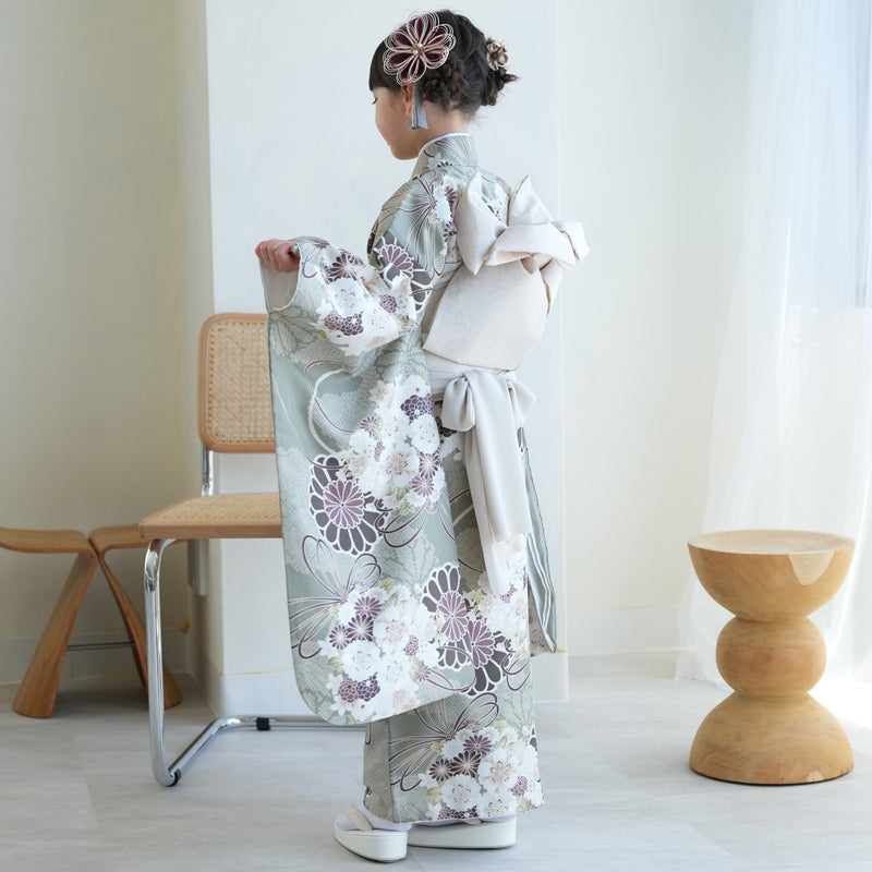 七五三 7歳 女の子 ひよこ商店 着物 日本製作り帯 子供 kids 四つ身 お祝い着 翡翠の菊重ね（6728608500）