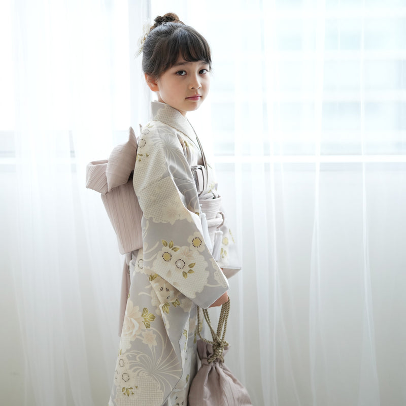 七五三 7歳 女の子 ひよこ商店 着物 日本製作り帯 子供 kids 四つ身 お祝い着 グレー雪輪（6728608600）