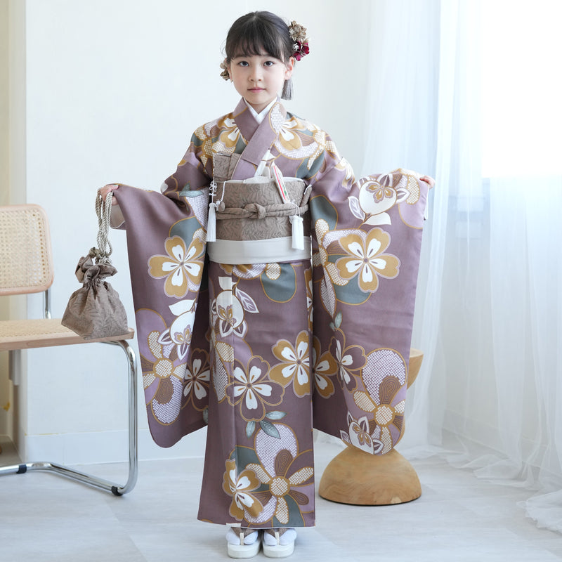 七五三 7歳 女の子 ひよこ商店 着物 日本製作り帯 子供 kids 四つ身 お祝い着 モーブねじり梅（6728608800）