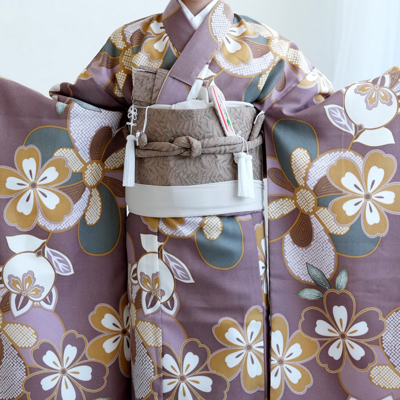 七五三 7歳 女の子 ひよこ商店 着物 日本製作り帯 子供 kids 四つ身 お祝い着 モーブねじり梅（6728608800）