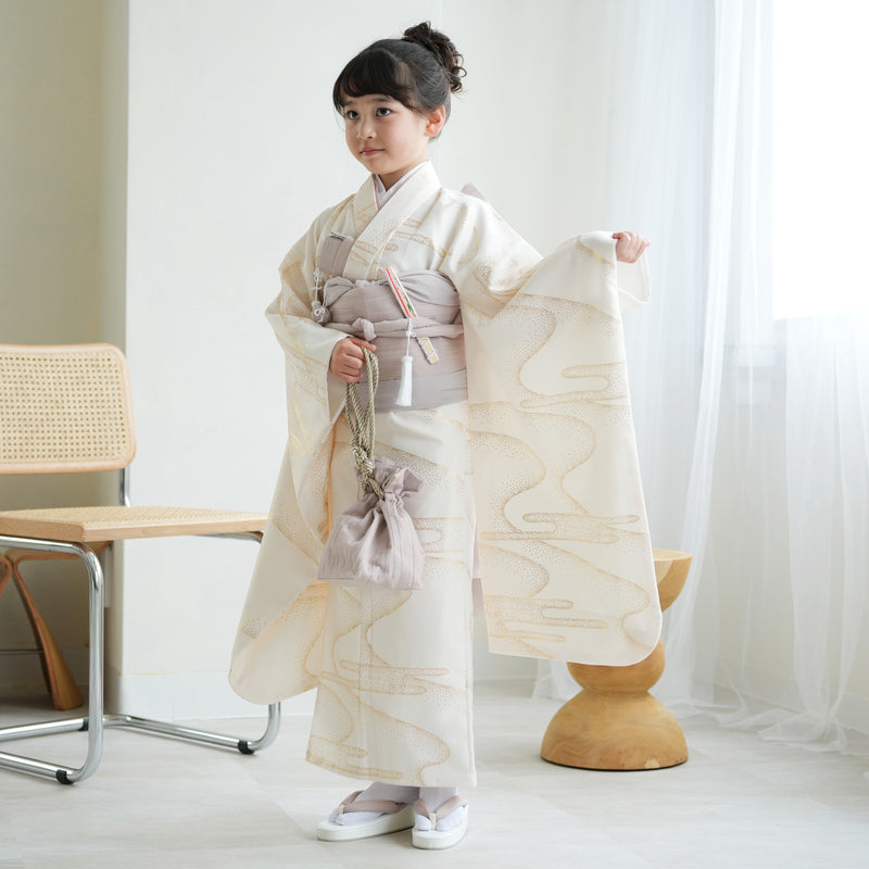 七五三 7歳 女の子 ひよこ商店 着物 日本製作り帯 子供 kids 四つ身 お祝い着 クリーム金彩（6728609200）