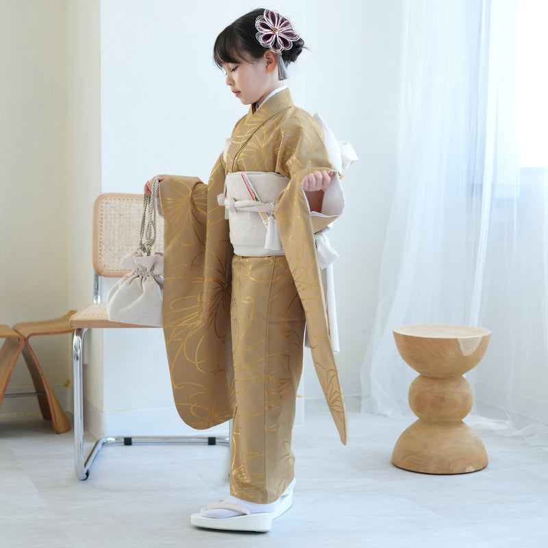 七五三 7歳 女の子 ひよこ商店 着物 日本製作り帯 子供 kids 四つ身 お祝い着 シナモン金彩（6728609300）